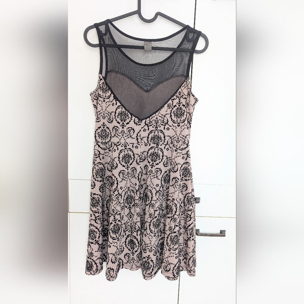 Twik by Simons mesh neck skater dress Nude Black Floral Size S - Picture 2 of 9